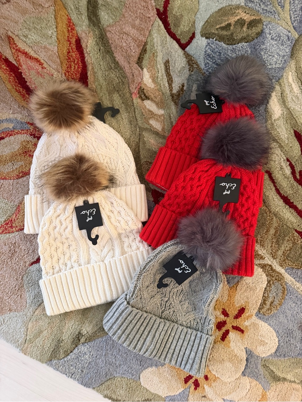 Ecco Cable Knit Pom Pom Beanie Trio - Red, Cream, Gray